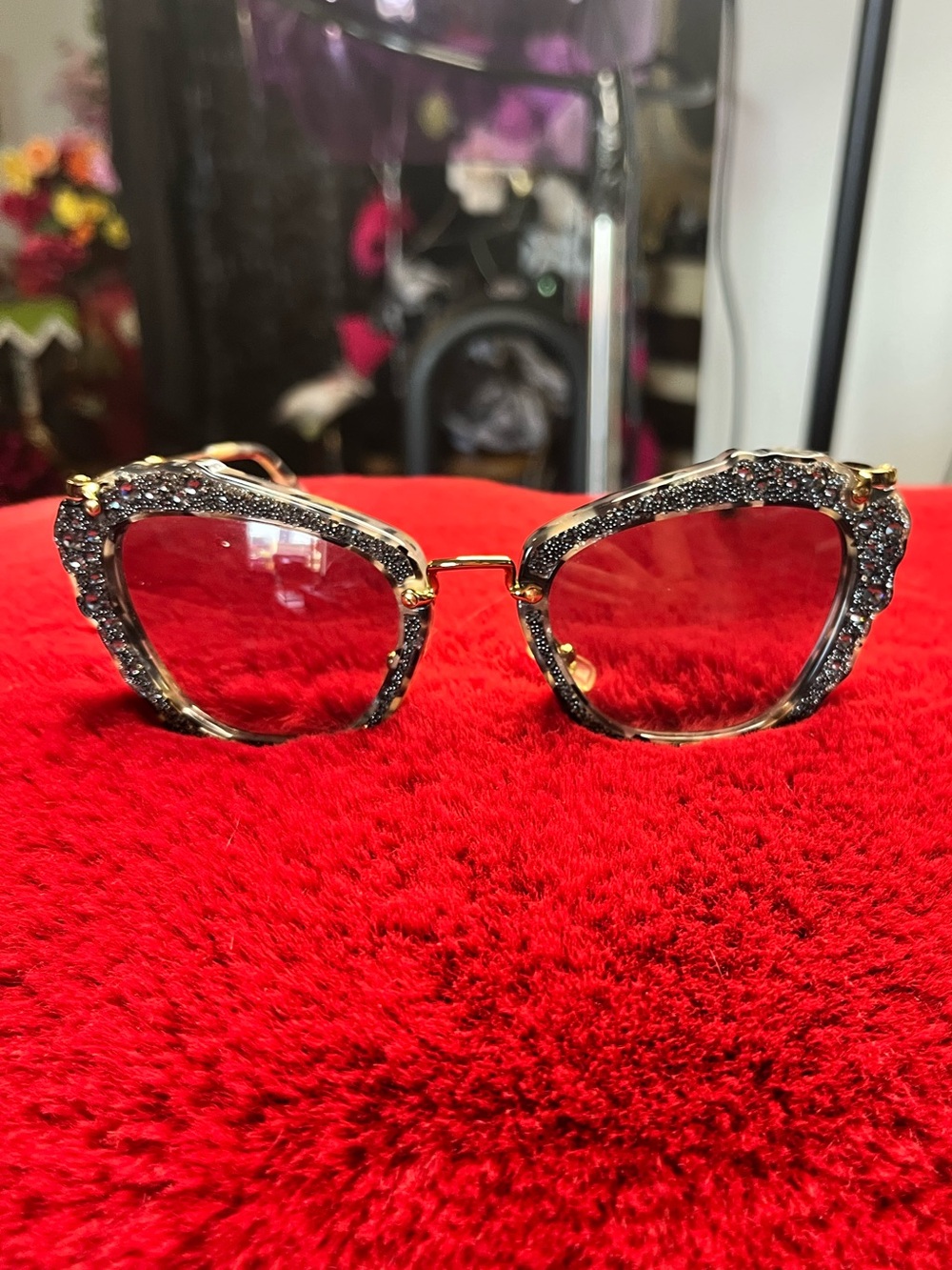 Miu Miu Crystal-Trim Cat-Eye Sunglasses - Black & Gold with Red Tint